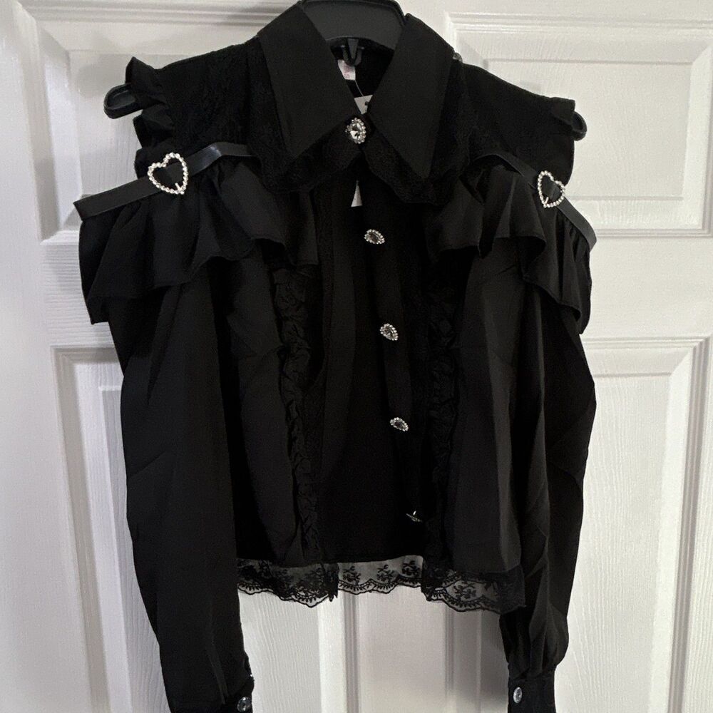 Fashion Black Lace Ruffle Cold Shoulder Button-Front Sheer Blouse S Gothic 0083